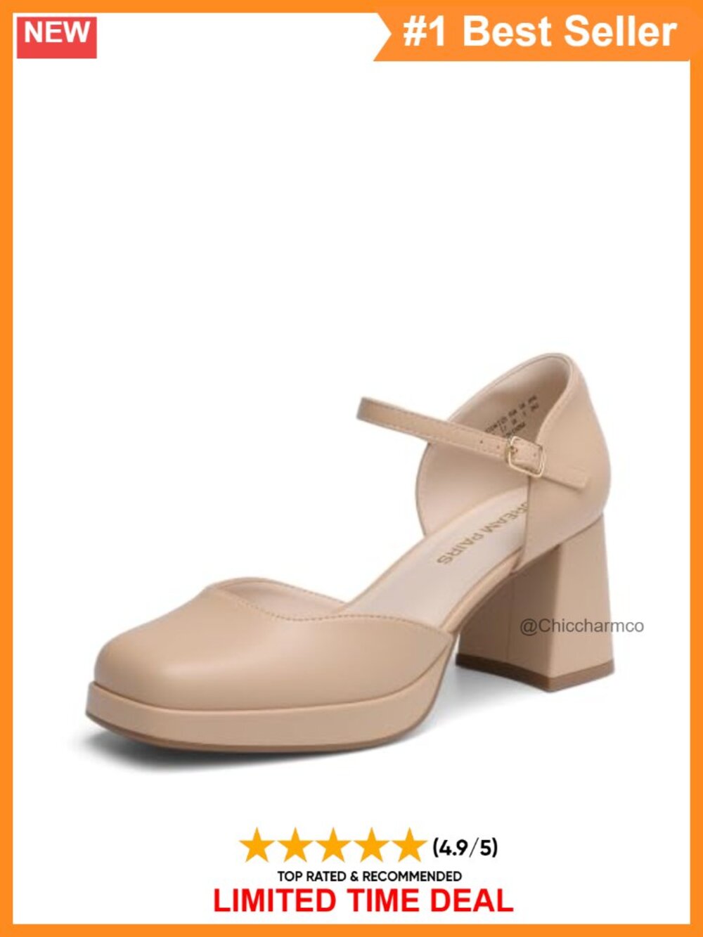Women's Chunky Platform Closed Toe Pumps with Faux Leather & Buckle